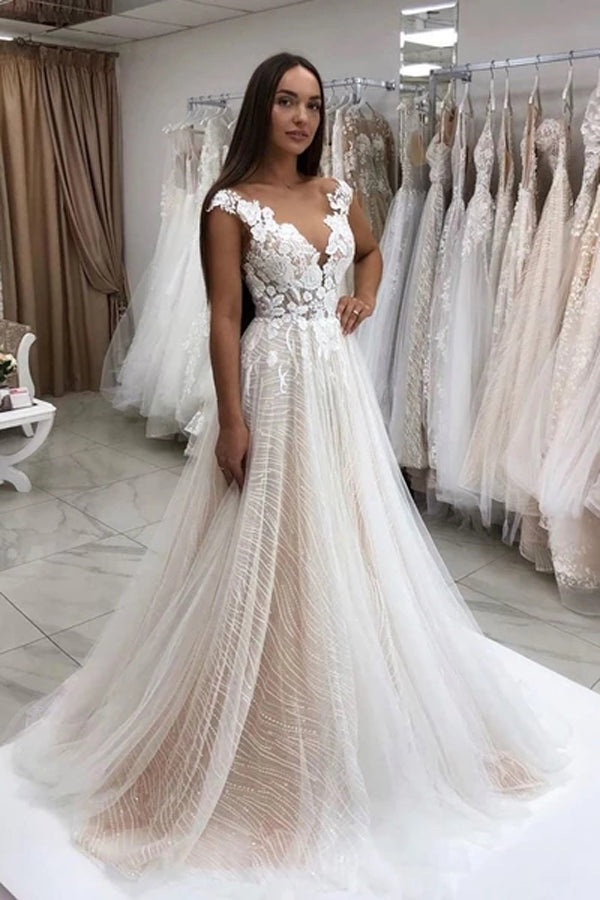Lace Sparkly Sequins Tulle A-Line Wedding Dress with Floral Appliques Wedding Gown