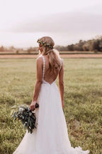 Lace Bodice Tulle Skirt Bridal Gown with a Low V Back Minimalist Wedding Dresses