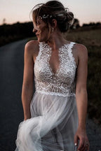 Lace Bodice Tulle Skirt Bridal Gown with a Low V Back Minimalist Wedding Dresses