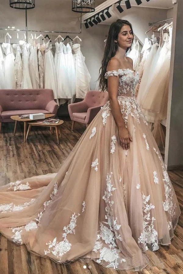 Lace Appliqued Ivory Off The Shoulder  Court Train Wedding Gowns