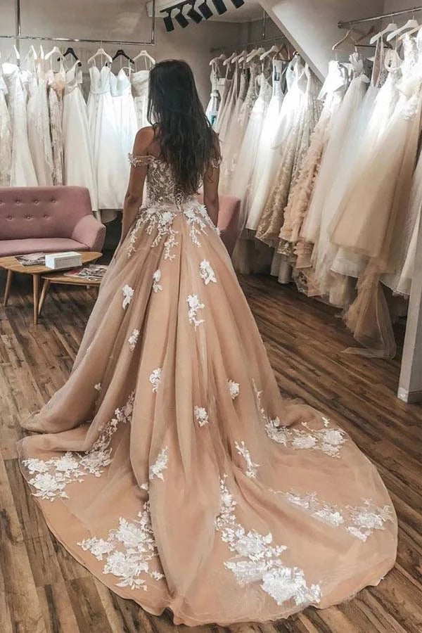 Lace Appliqued Ivory Off The Shoulder  Court Train Wedding Gowns