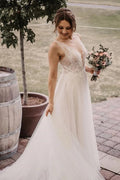 Graceful Ivory Beaded Deep V Illusion A-Line Wedding Gown Lace Wedding Dress