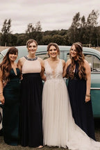 Graceful Ivory Beaded Deep V Illusion A-Line Wedding Gown Lace Wedding Dress