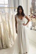 Lace Beaded V-neck A-line Chiffon Skirt A Line Sweep Train Wedding Dresses