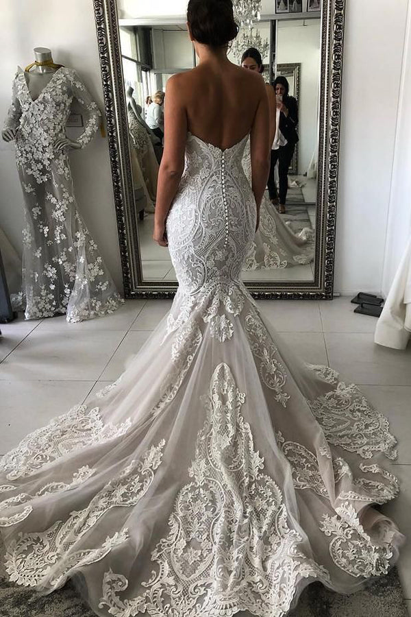 Gorgeous Wedding Dress with Drop Waist and Cascades Lace Mermaid with Court Train Bridal Dress