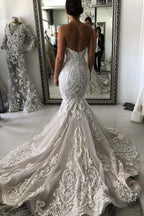 Gorgeous Wedding Dress with Drop Waist and Cascades Lace Mermaid with Court Train Bridal Dress