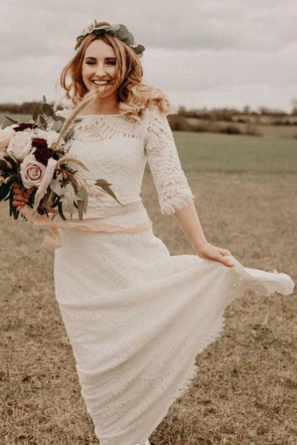 Ivory A-line Lace Bateau Neck 3/4 Sleeves Bridal Dresses Floor-length Wedding Dresses