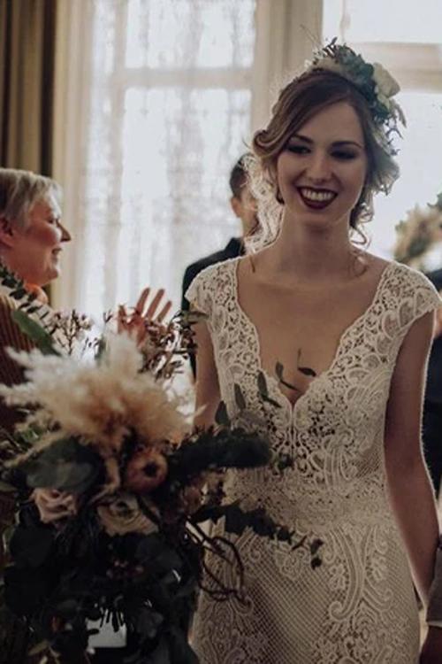 Lace Wedding Dress with Little Cap Sleeves Vintage Lace Pattern Bridal Dress