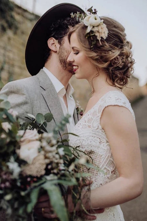 Lace Wedding Dress with Little Cap Sleeves Vintage Lace Pattern Bridal Dress
