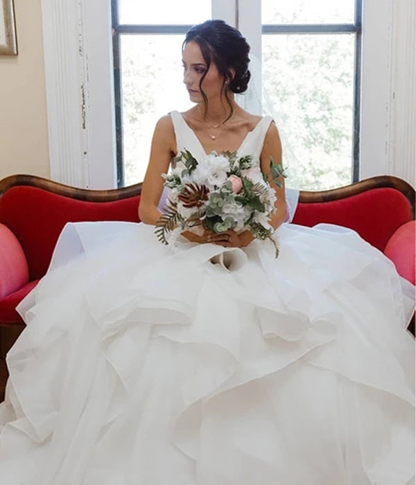 Organza V-neck Ball Gown Wedding Dress with Ruffles Beadings Sash Bridal Dress