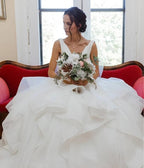 Organza V-neck Ball Gown Wedding Dress with Ruffles Beadings Sash Bridal Dress
