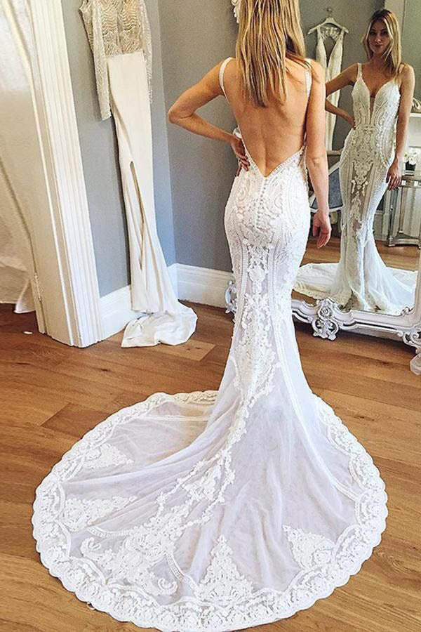 Mermaid V-neck Open Back Lace Wedding Dresses with Train, Gorgeous Wedding Dresses