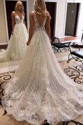 Gorgeous Ball Gown V-neck Open Back Sparkly Lace Wedding Dresses with Appliques