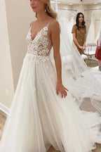 Ivory Flowers Wedding Dress with Unlined Bodice and V-neck Neckline