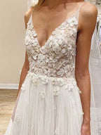 Ivory Flowers Wedding Dress with Unlined Bodice and V-neck Neckline