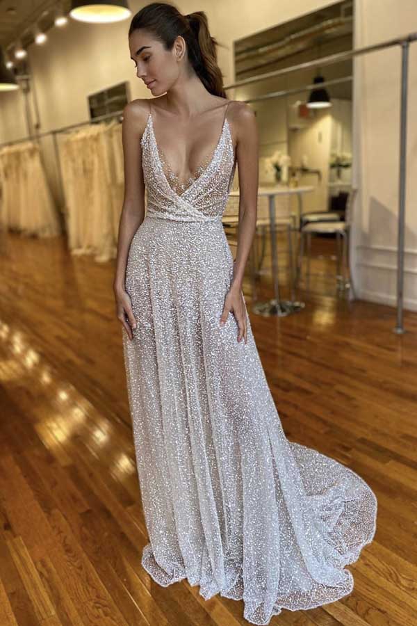 Wunderschöne Brautkleider mit V-Ausschnitt, Spaghettiträgern, Pailletten und Schleppe, Boho-Strandhochzeitskleider
