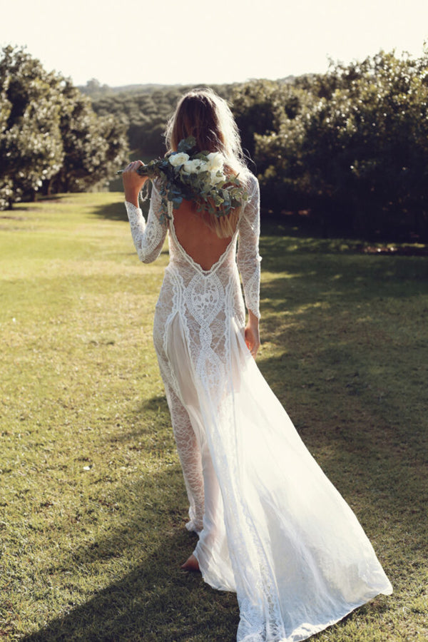 Brautkleider mit offenem Rücken, wunderschönes rückenfreies Brautkleid aus Spitze mit langen Ärmeln