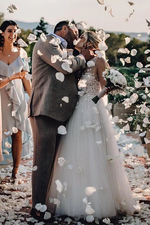 Marvelous Tulle V-neck A-line Wedding Dresses With Flowers Bridal Gowns
