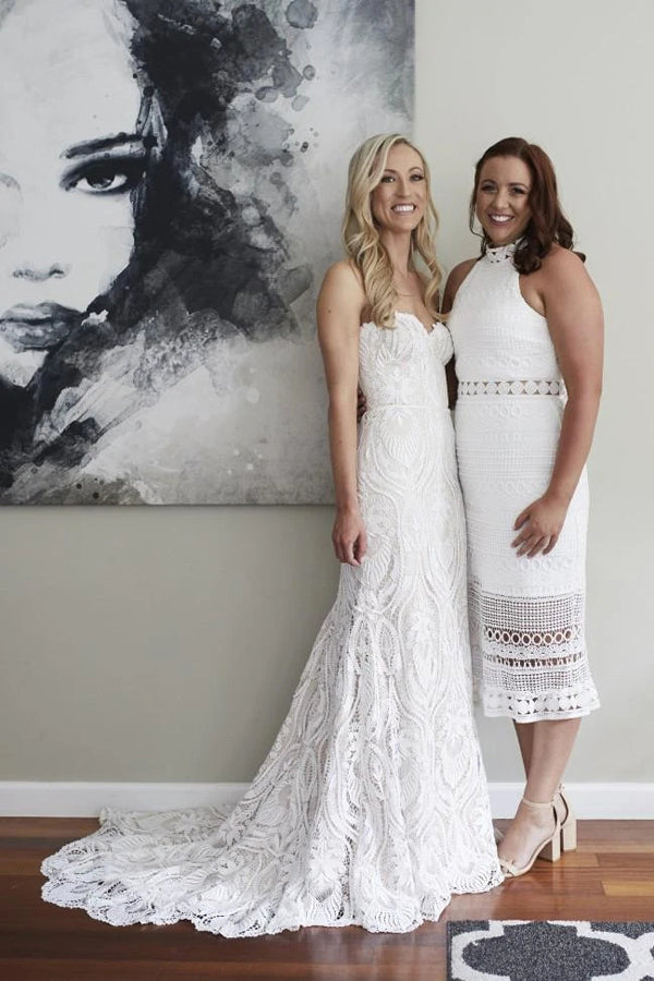 Gorgeous Strapless Sweetheart Mermaid Sweep Train Lace Wedding Dress