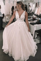 Foral Romantic Deep V-neck Appliqued Backless Bridal Gown Wedding Dress