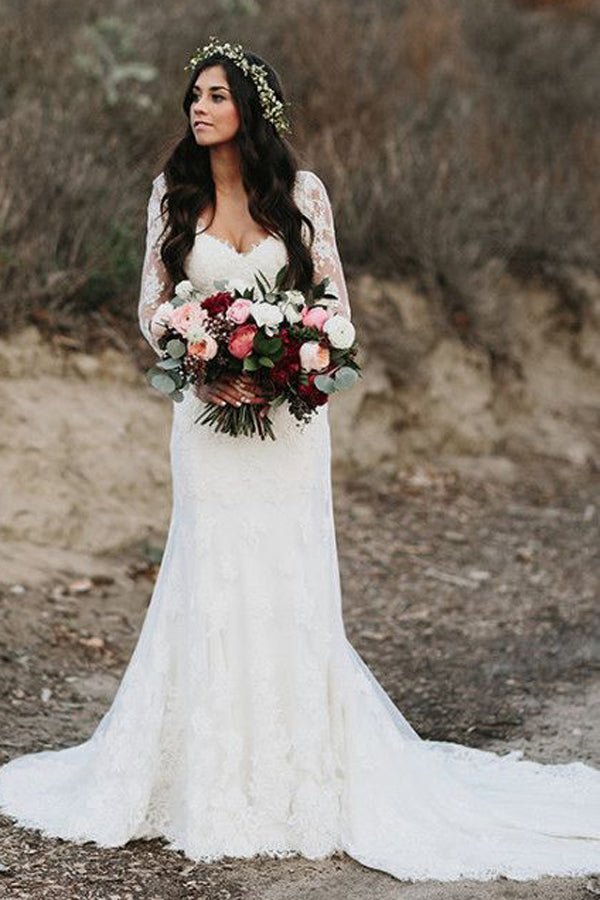 Gorgeous Mermaid V-neck Open Back Lace Long Sleeves Wedding Dresses with Train