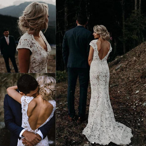 Bezauberndes Meerjungfrauen-Hochzeitskleid aus elfenbeinfarbener Spitze mit kurzen Ärmeln, Brautkleid