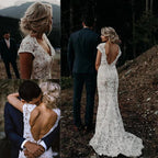 Bezauberndes Meerjungfrauen-Hochzeitskleid aus elfenbeinfarbener Spitze mit kurzen Ärmeln, Brautkleid