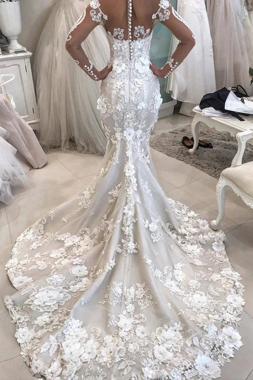 Mermaid Detachable Train Long Sleeves Scoop Wedding Dresses With Applique