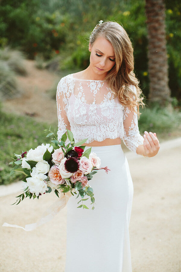 Flowy Boho Lace Two Piece Mermaid Chiffon Skirt Wedding Dresses