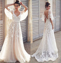 Ivory V Neck Beach Wedding Dresses with Lace Appliques, Bridal Dresses