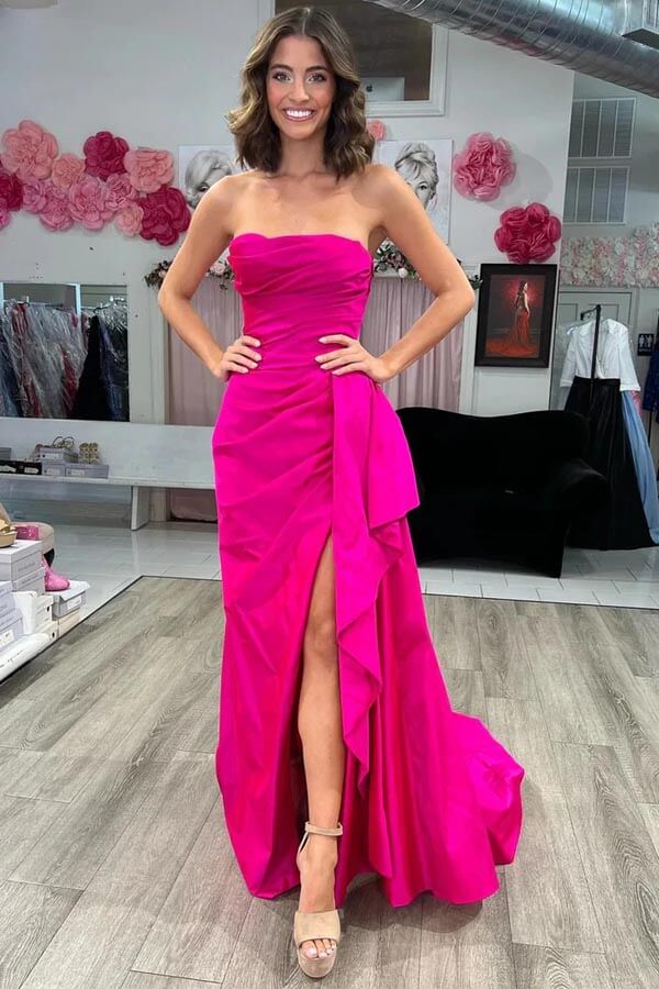Vestidos de fiesta con cola, sin tirantes, fruncidos, de satén magenta