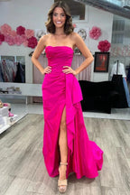 Vestidos de fiesta con cola, sin tirantes, fruncidos, de satén magenta