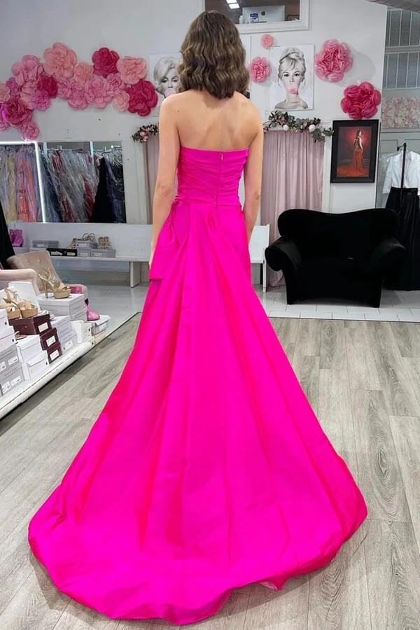 Vestidos de fiesta con cola, sin tirantes, fruncidos, de satén magenta