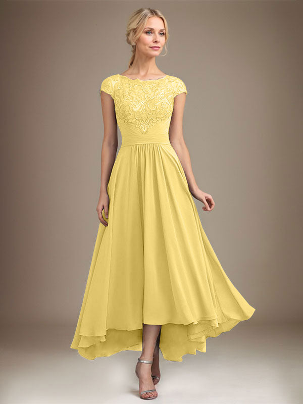 A-Linien-Kleid aus Chiffon mit asymmetrischem, plissiertem Spitzeneinsatz und Illusion-Ausschnitt für die Mutter der Braut 