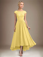 A-Linien-Kleid aus Chiffon mit asymmetrischem, plissiertem Spitzeneinsatz und Illusion-Ausschnitt für die Mutter der Braut 