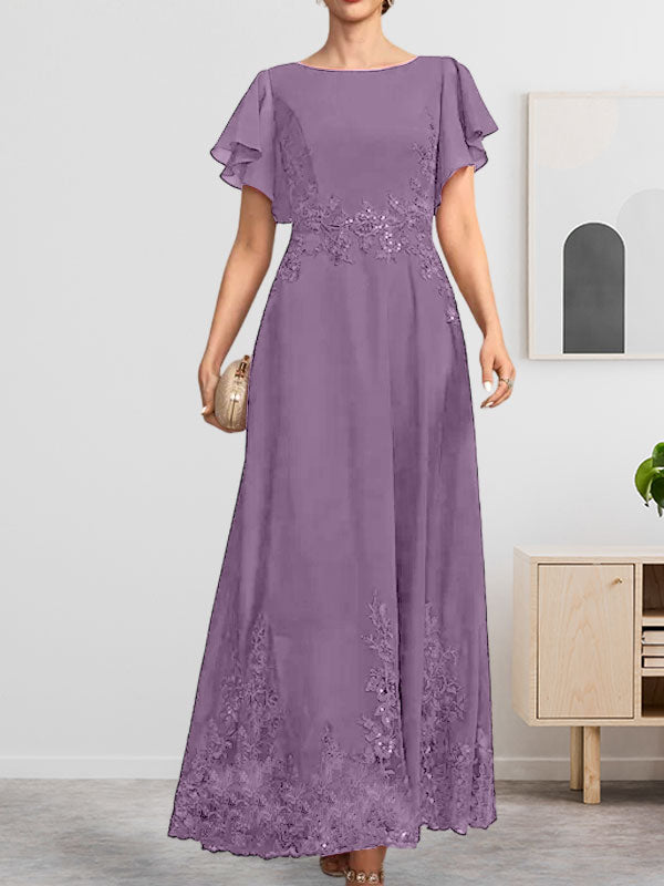 A-Linien-Kleid mit Rundhalsausschnitt, knöchellang, aus Spitze und Chiffon, mit Pailletten besetzt