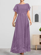 A-Linien-Kleid mit Rundhalsausschnitt, knöchellang, aus Spitze und Chiffon, mit Pailletten besetzt