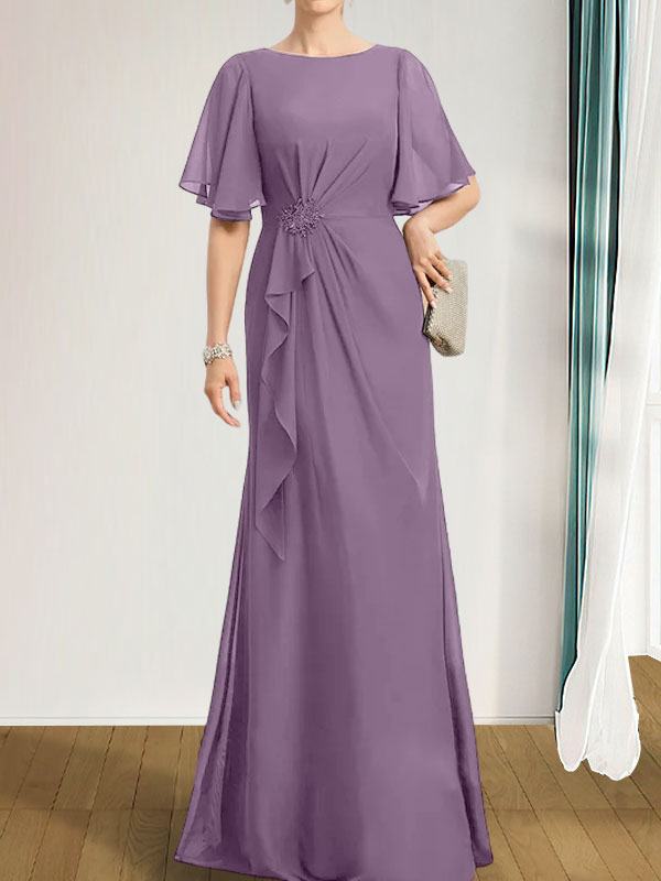 A-Linien-Kleid aus Chiffon in Bodenlänge für die Mutter der Braut mit kaskadenartigen Rüschen, Perlen und Pailletten