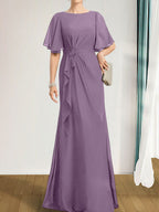 A-Linien-Kleid aus Chiffon in Bodenlänge für die Mutter der Braut mit kaskadenartigen Rüschen, Perlen und Pailletten