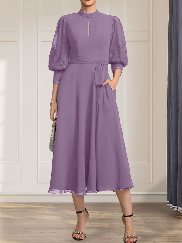 A-Linien-Kleid aus Chiffon mit hohem Kragen, Teelänge und Spitze für die Mutter der Braut, verziert mit einer Schleife