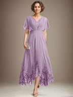 A-Linien-Kleid aus Chiffon mit asymmetrischem V-Ausschnitt und Spitze für die Mutter der Braut mit Falten