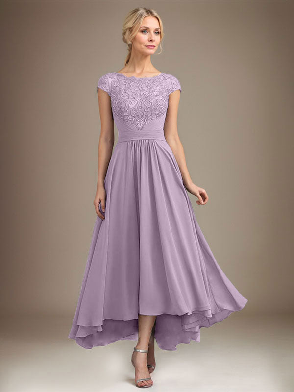 A-Linien-Kleid aus Chiffon mit asymmetrischem, plissiertem Spitzeneinsatz und Illusion-Ausschnitt für die Mutter der Braut 