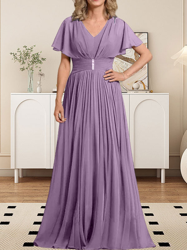 A-Linien-Chiffonkleid mit V-Ausschnitt, bodenlang, für die Mutter der Braut, mit Kristallbrosche und Falten 