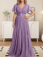 A-Linien-Chiffonkleid mit V-Ausschnitt, bodenlang, für die Mutter der Braut, mit Kristallbrosche und Falten 