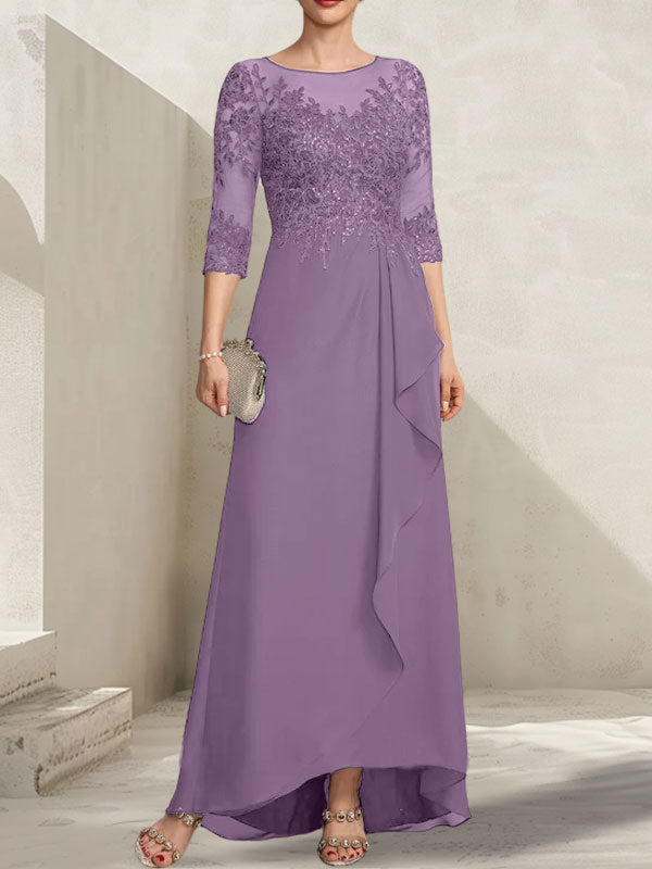 A-Linien-Kleid mit asymmetrischem, transparentem Chiffon-Spitzenausschnitt, Pailletten und Kaskadenrüschen für die Mutter der Braut