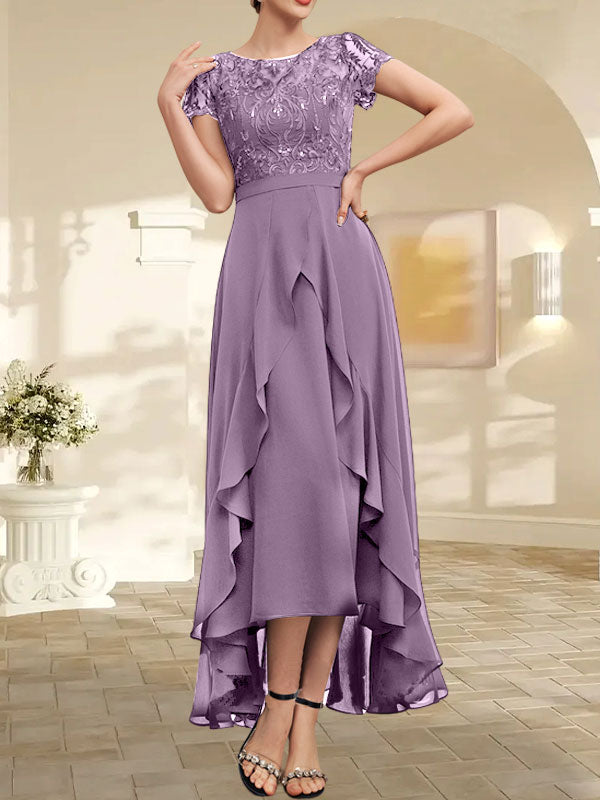 Vestido de madre de la novia de gasa asimétrica con escote en A, ilusión, encaje, lazo, volantes y lentejuelas 