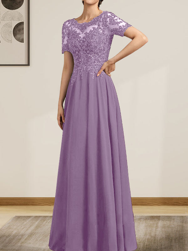 Vestido de gasa con encaje y lentejuelas para madre de la novia, largo hasta el suelo, con escote en A y ilusión