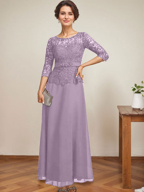 Vestido de gasa con encaje y escote ilusión hasta los tobillos para madre de la novia con cuentas de diamantes de imitación 