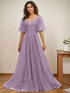 A-Linien-Kleid aus Chiffon mit V-Ausschnitt, bodenlang, mit Paillettenapplikationen, Spitze und Falten für die Mutter der Braut 