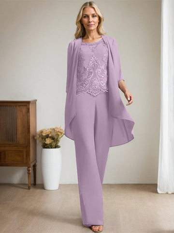 Zweiteiliges Jumpsuit-/Hosenanzug-Set, bodenlanges Chiffon-Spitzenkleid mit Perlen- und Paillettenstickerei für die Mutter der Braut 